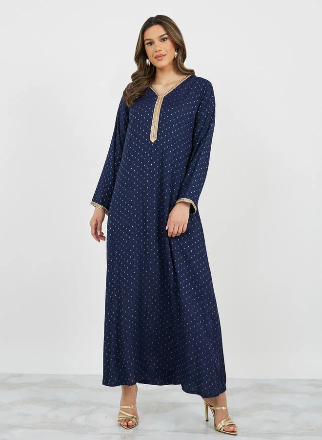 Styli Jacquard V-Neck Jalabiya with Lace Trim Detail