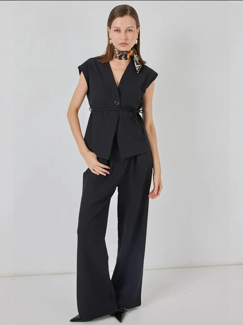 BDART V-Neck Buttoned Top & Wide Leg Pants Two-Piece Coord Set