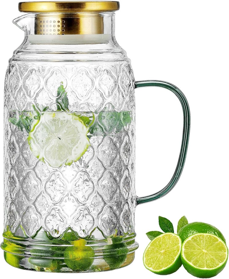 Buaic Glass Pitcher with Lid,84 oz/2.5 Liter Vintage Water Pitcher, Clear Borosilicate Glass Water Carafe for Cold Brew, Coffee, Lemonade, Iced Tea, Juice, Beverage, Heat Resistant Water Glass Jug - Image 1