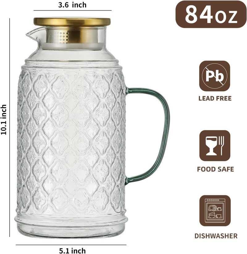 Buaic Glass Pitcher with Lid,84 oz/2.5 Liter Vintage Water Pitcher, Clear Borosilicate Glass Water Carafe for Cold Brew, Coffee, Lemonade, Iced Tea, Juice, Beverage, Heat Resistant Water Glass Jug - Image 2