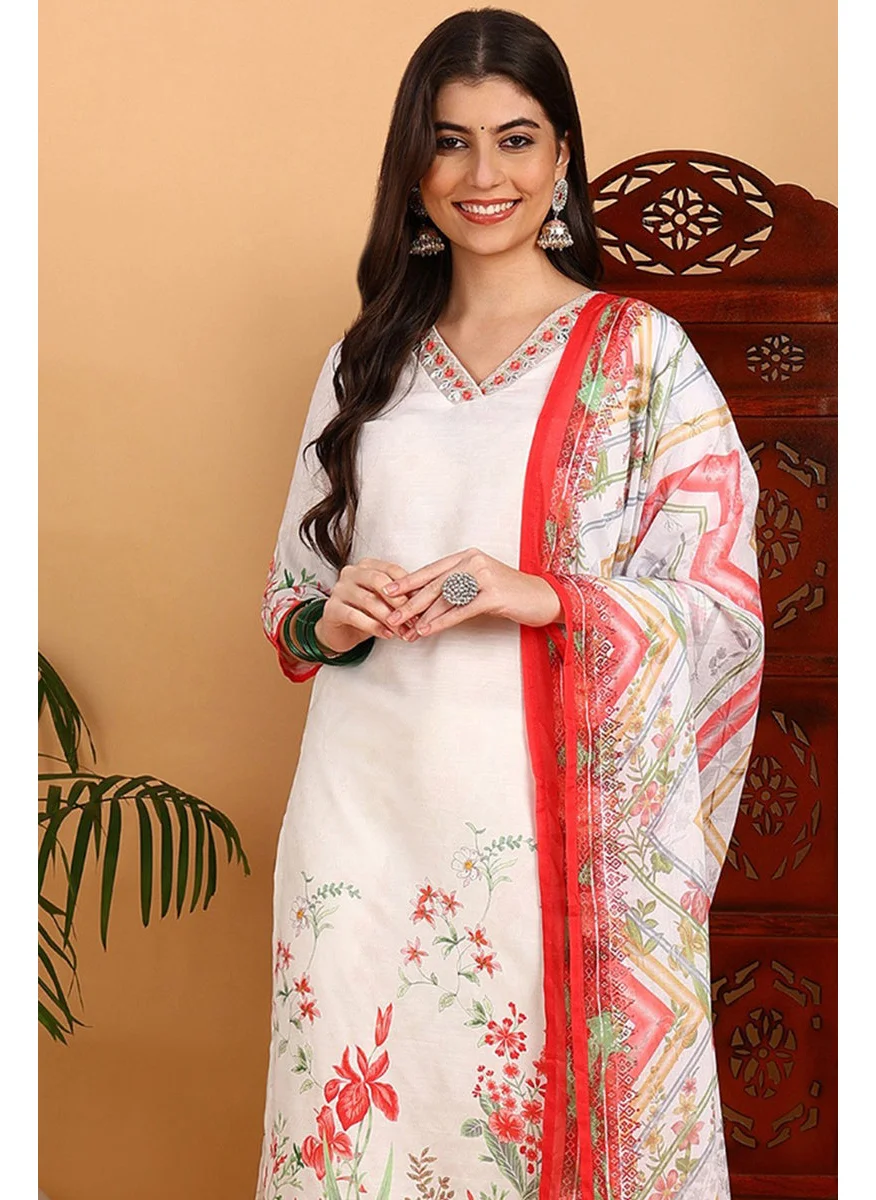 زيري سوق White Rayon Blend Floral Printed Straight 3-Piece Kurta Set