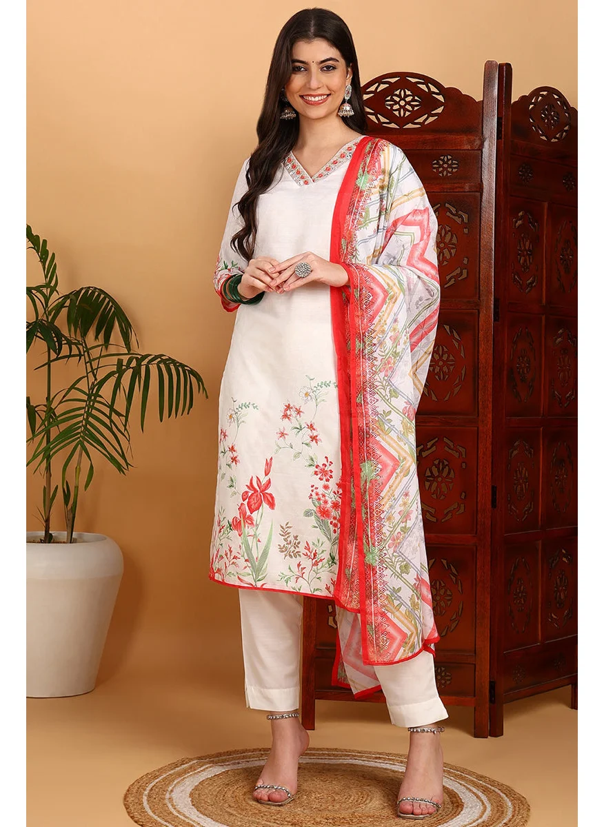 زيري سوق White Rayon Blend Floral Printed Straight 3-Piece Kurta Set