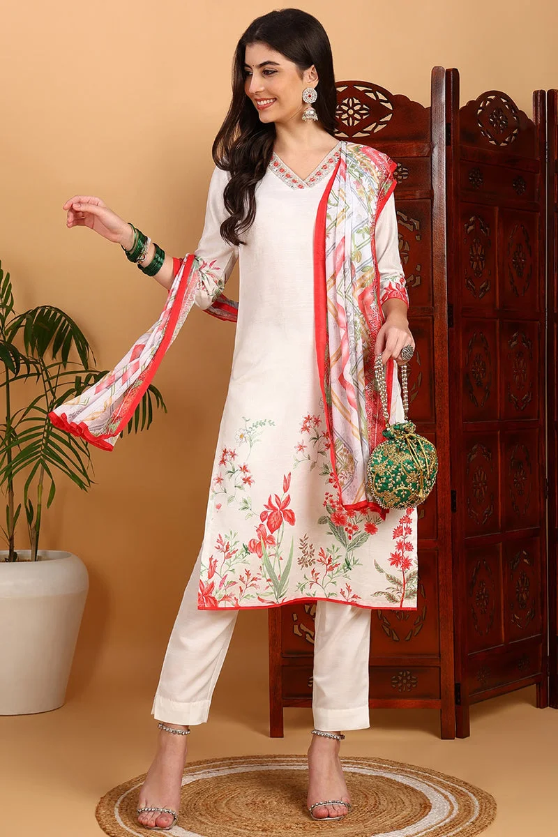 ZERESOUQ White Rayon Blend Floral Printed Straight 3-Piece Kurta Set