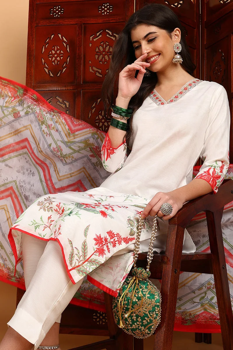 ZERESOUQ White Rayon Blend Floral Printed Straight 3-Piece Kurta Set