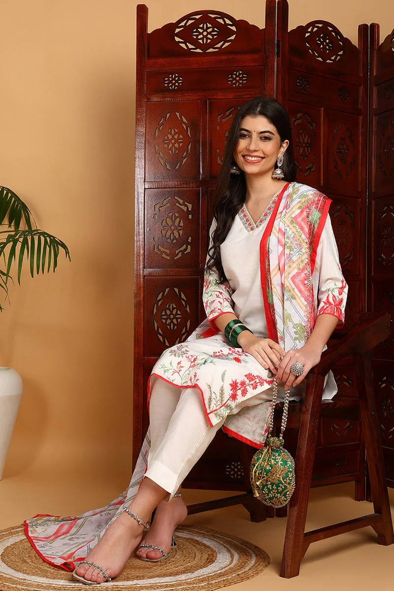 ZERESOUQ White Rayon Blend Floral Printed Straight 3-Piece Kurta Set