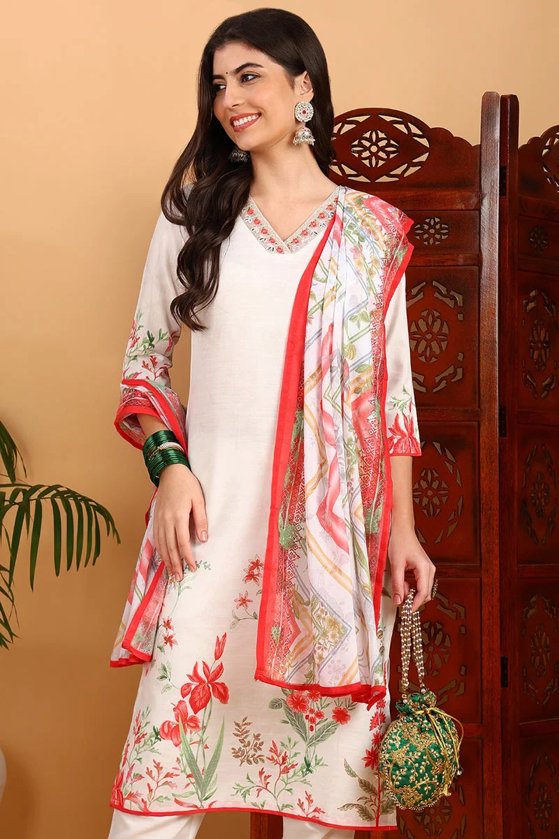 ZERESOUQ White Rayon Blend Floral Printed Straight 3-Piece Kurta Set