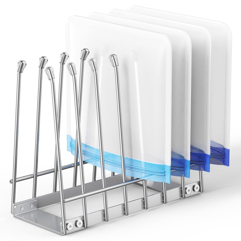 Josmimic Reusable Bag Drying Rack, Foldable Metal Stand for Reusable Ziplock & Silicone Storage Bags, Rustproof Kitchen Dryer, Silver - Image 1