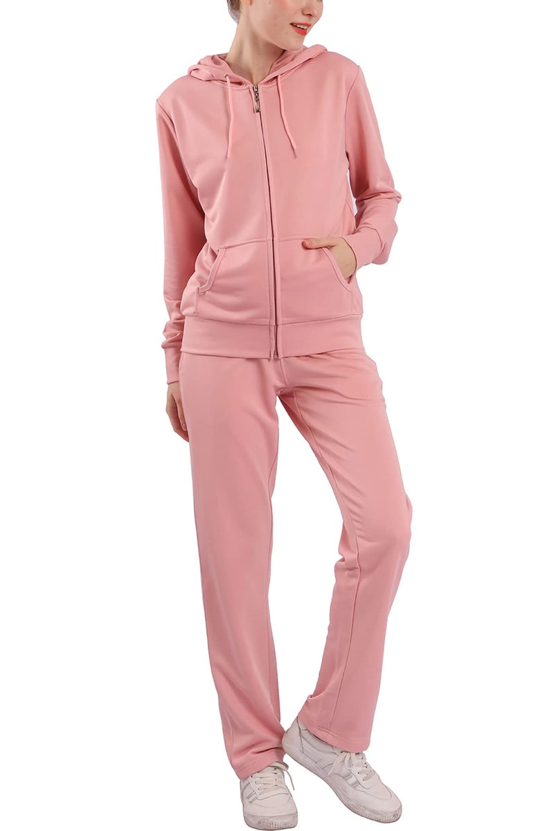 Facitisu Sweatsuits for Women 2 PCS Outfits Sweat Suits Jogging Tracksuit Full Zip-up Hooded Solid Sweatshirts & Pants Set (Pink, XXL) - Image 1