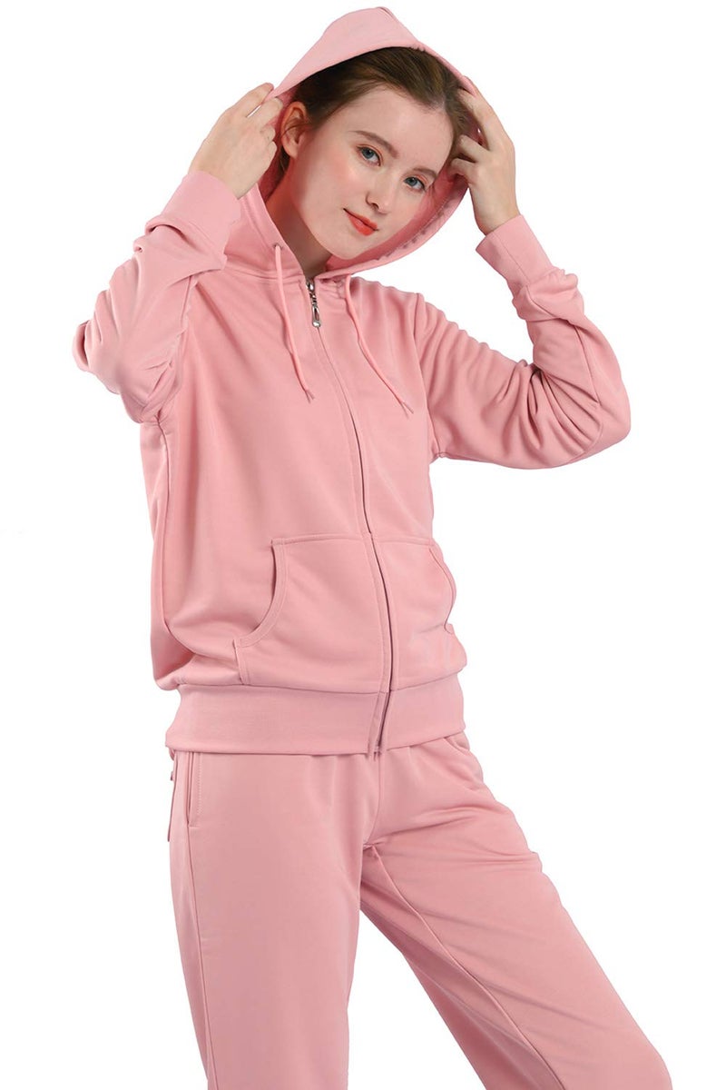 Facitisu Sweatsuits for Women 2 PCS Outfits Sweat Suits Jogging Tracksuit Full Zip-up Hooded Solid Sweatshirts & Pants Set (Pink, XXL) - Image 4
