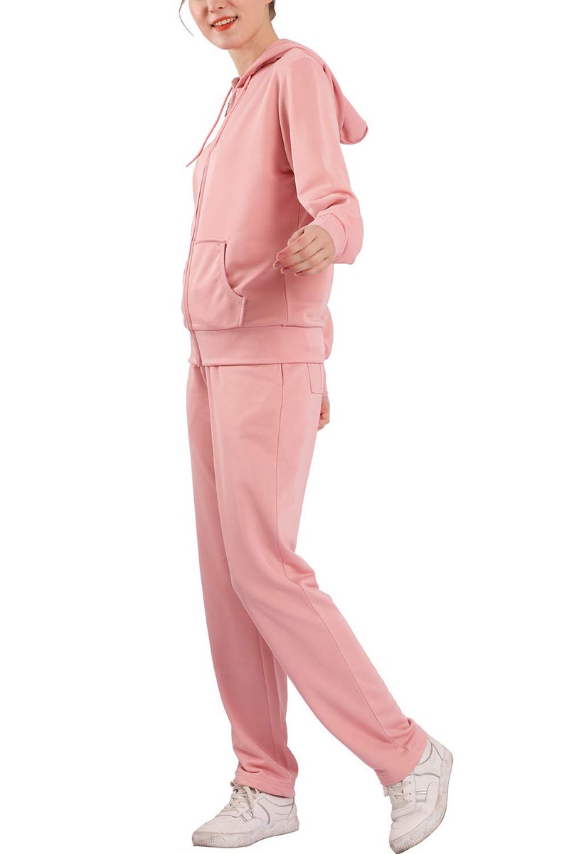 Facitisu Sweatsuits for Women 2 PCS Outfits Sweat Suits Jogging Tracksuit Full Zip-up Hooded Solid Sweatshirts & Pants Set (Pink, XXL) - Image 2