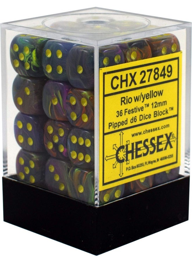 Chessex Chessex Dice d6 Sets: Festive Rio Marble Swirl with Yellow Pips - 12mm Six Sided Die (36) Block of Dice  - Image 1