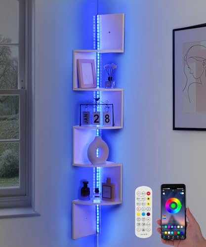 Outink 5 Tiers Corner Shelf with RGB LED Lights 492 Wall Mount Floating Corner Display Shelf for Living Room Bedroom Home Office Decor APP  Remote Control White
