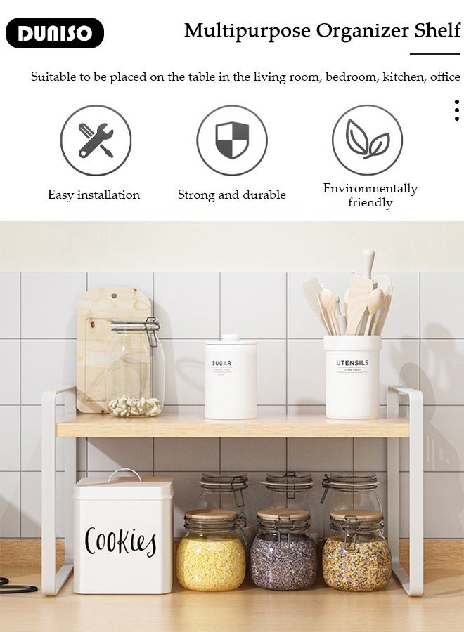 DUNISO Desktop Shelves, 2 Tier Desktop Shelf Organizer, Desktop Organizer Shelf, Kitchen Spice Rack, Adjustable Desktop Display Shelf Rack, Countertop Bookshelf for Tabletop, School, Office, Dorm Organization - Image 2