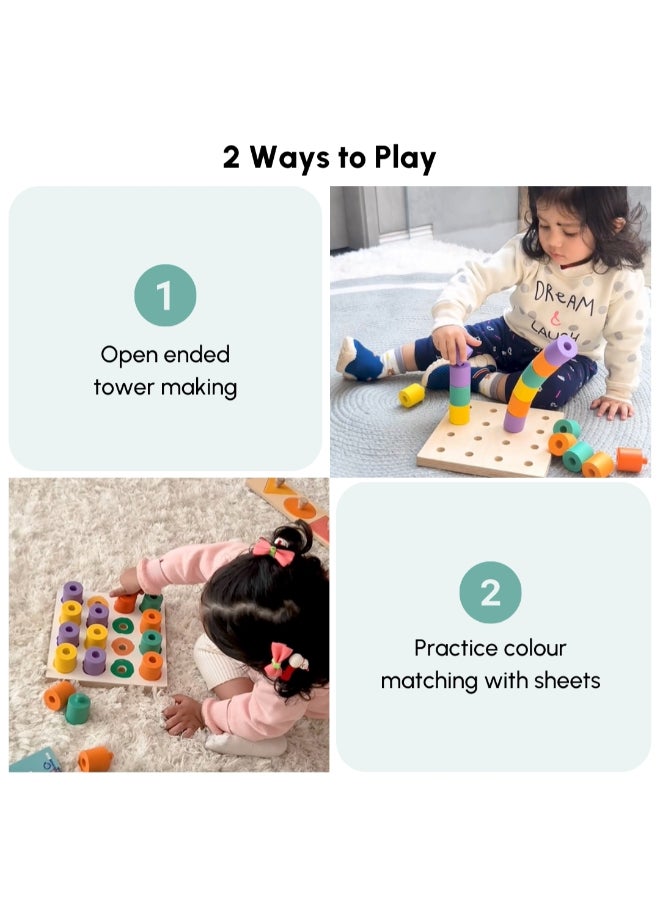 Curious Cub لوحة دبابيس Montessori للتكديس ومطابقة الألوان - ألعاب خشبية تعليمية للتعرف على الألوان والأنماط - مهارات حركية دقيقة - تنسيق اليد والعين وتطوير الدماغ - تعلم حسي - Image 4