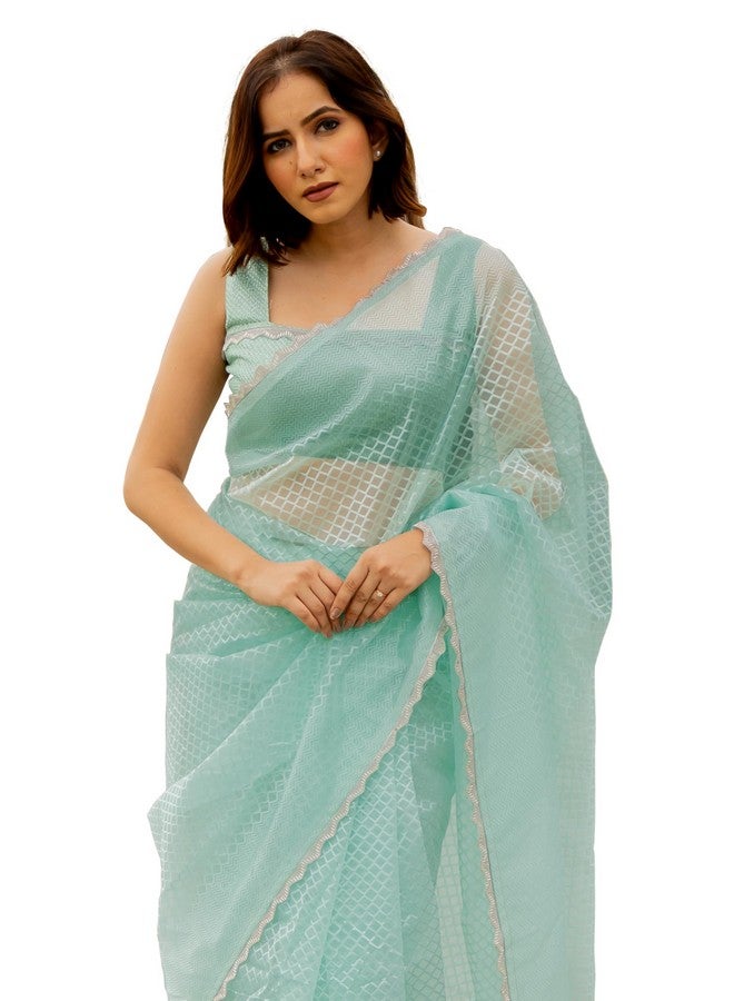 SUBHAM Women's Net Woven Checks Saree with Blouse Piece (42915-Light Turquoise) - Image 1