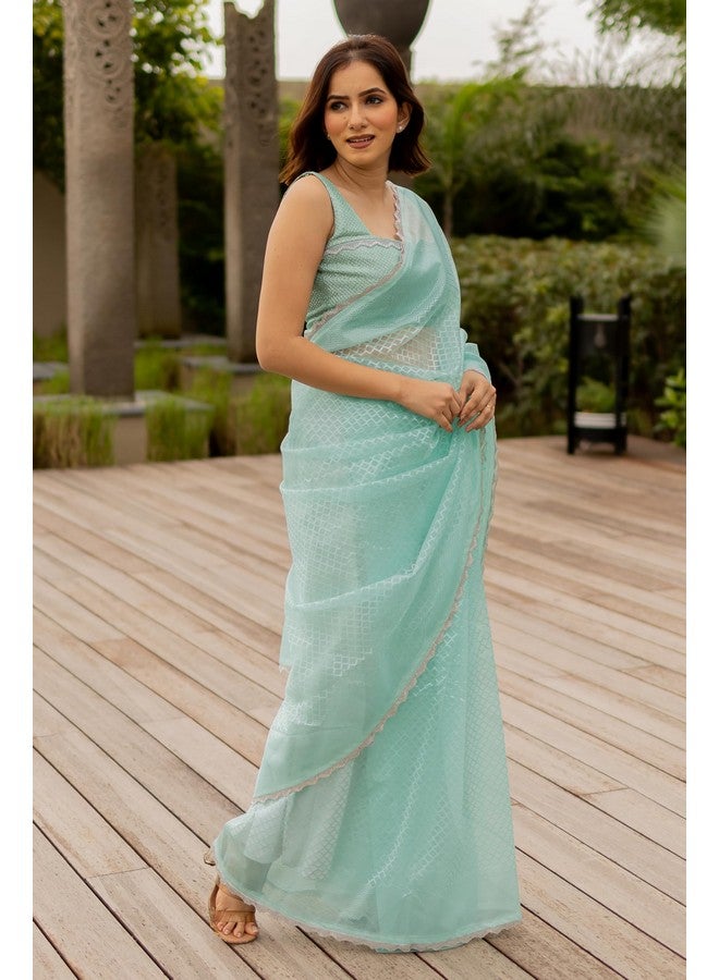 SUBHAM Women's Net Woven Checks Saree with Blouse Piece (42915-Light Turquoise) - Image 4