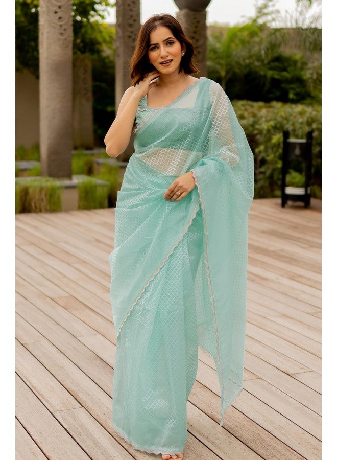 SUBHAM Women's Net Woven Checks Saree with Blouse Piece (42915-Light Turquoise) - Image 2