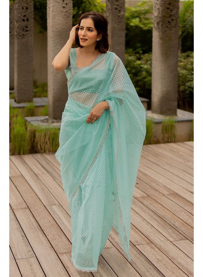 SUBHAM Women's Net Woven Checks Saree with Blouse Piece (42915-Light Turquoise) - Image 5