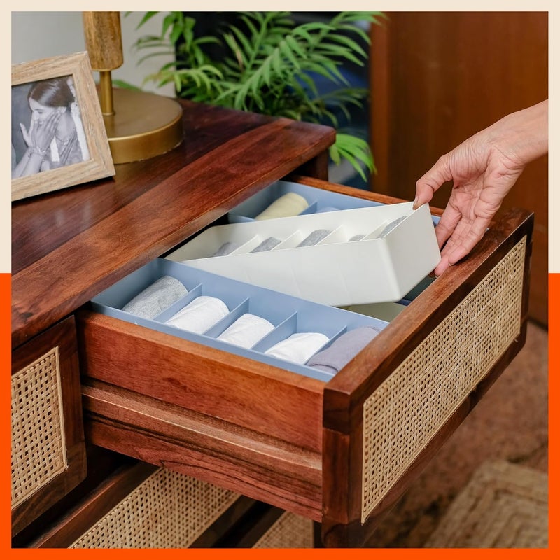 Bathla منظمات الأدراج (مجموعة من 3) - 5 أقسام بلون العاج منظمات تخزين متعددة الاستخدامات | منظمات خزانة قابلة للتكديس للجوارب، الملابس الداخلية، الرباط، المجوهرات والقرطاسية | صندوق تخزين بلاستيكي - Image 5