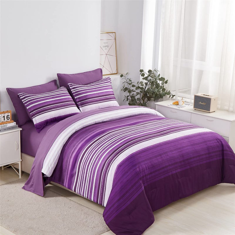 KAKIJUMN KAKIJUMN 7 Piece Bed in a Bag Stripe Comforter Set Queen Size White and Purple Patchwork Striped Comforter and Sheet Set All Season Soft Microfiber Complete Bedding SetsPurpleQueen 