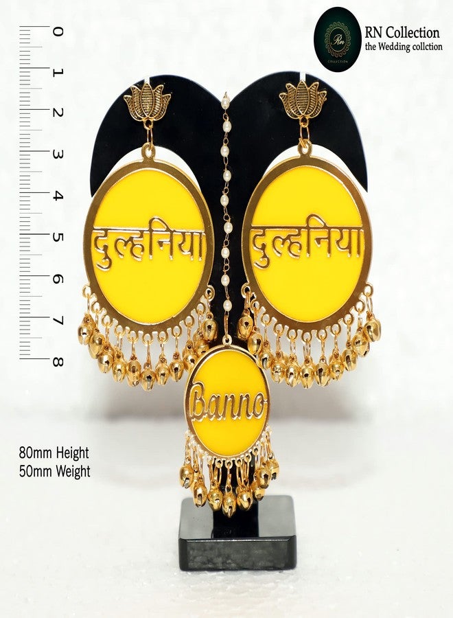 RN Collection Acrylic Dulhaniya Earrings with Tika For Women & Girls. (Yellow & Gold) - Image 3