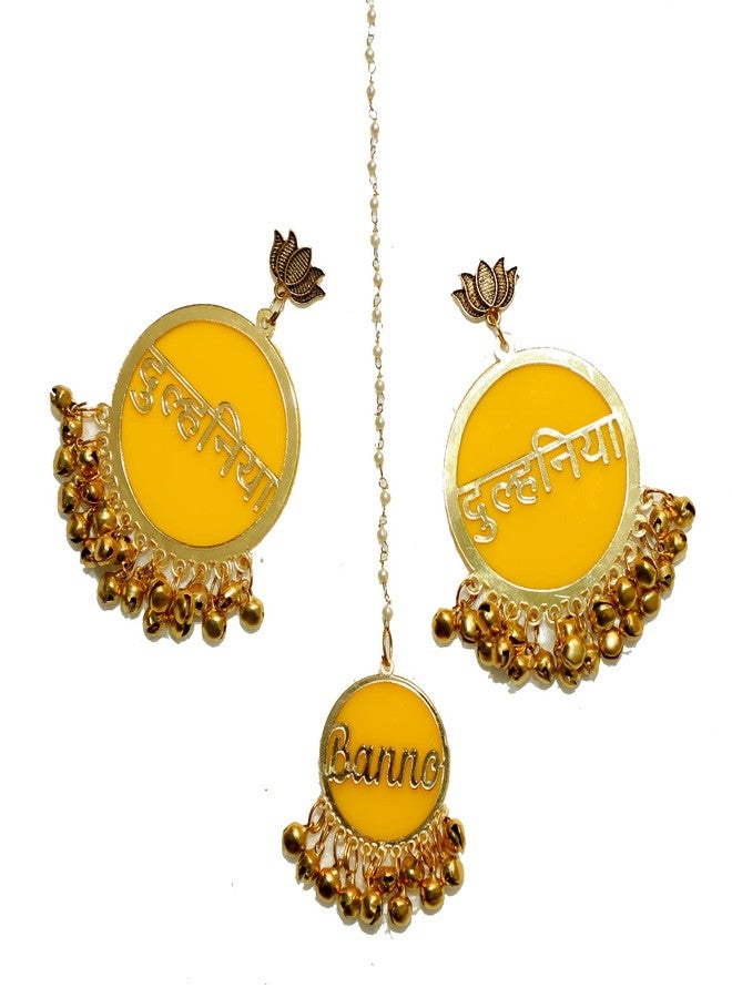 RN Collection Acrylic Dulhaniya Earrings with Tika For Women & Girls. (Yellow & Gold) - Image 4