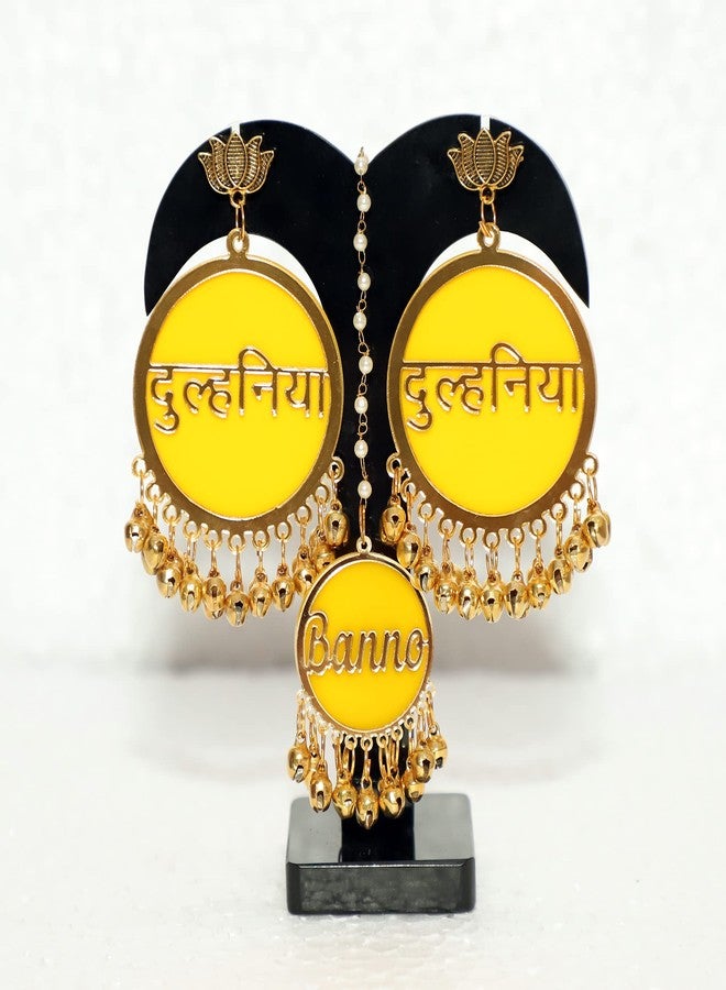 RN Collection Acrylic Dulhaniya Earrings with Tika For Women & Girls. (Yellow & Gold) - Image 2