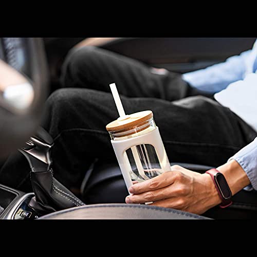 Kodrine 20oz Glass Tumbler with Straw and Lid, Bamboo Lids Water Bottle, Reusable Iced Coffee Cups, Wide Mouth Smoothie Cup with Protective Silicone Sleeve BPA FREE-White+Black-2pack - Image 5