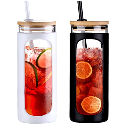 Kodrine 20oz Glass Tumbler with Straw and Lid, Bamboo Lids Water Bottle, Reusable Iced Coffee Cups, Wide Mouth Smoothie Cup with Protective Silicone Sleeve BPA FREE-White+Black-2pack - Image 1