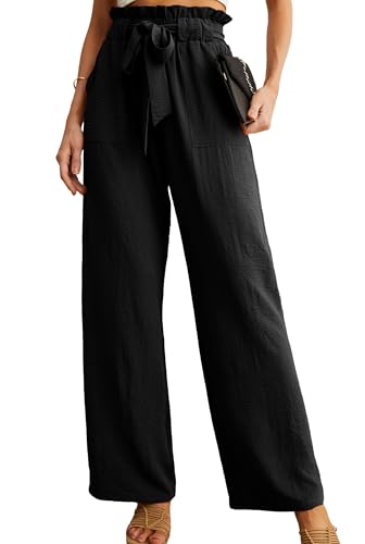 IWOLLENCE Women's Wide Leg Pants with Pockets High Waist Adjustable Knot Loose Casual Trousers Business Work Casual Pants Black Large - Image 1