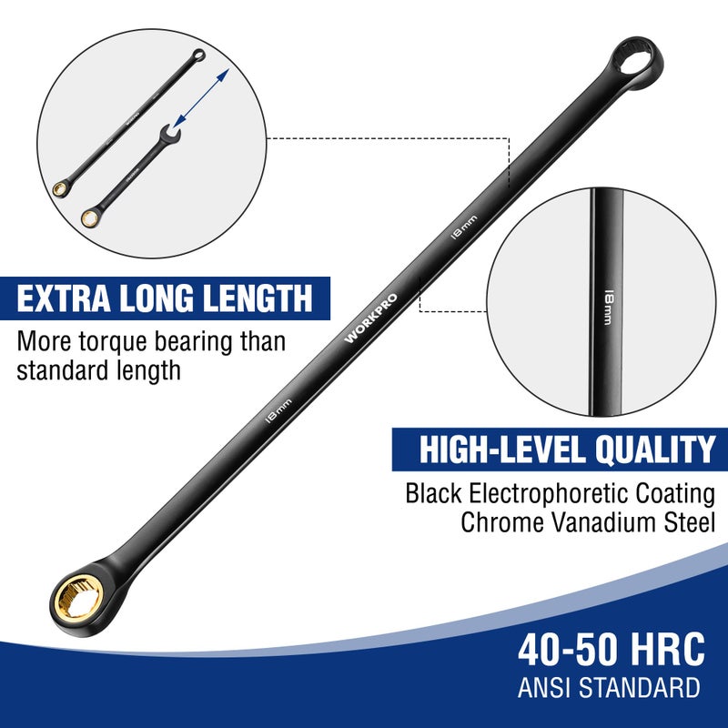 WORKPRO Extra Long Ratcheting Wrench Set, 10-Piece Anti-Slip Double Box Wrenches Set, Metric 8-19 mm, 72-Teeth, Cr-V Steel and Black Electrophoretic Coating Wrenches with Rolling Pouch - Image 3