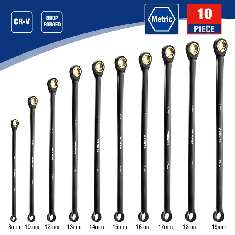 WORKPRO Extra Long Ratcheting Wrench Set, 10-Piece Anti-Slip Double Box Wrenches Set, Metric 8-19 mm, 72-Teeth, Cr-V Steel and Black Electrophoretic Coating Wrenches with Rolling Pouch - Image 2