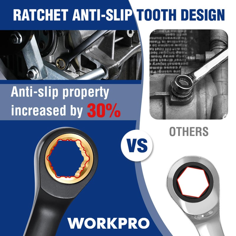 WORKPRO Extra Long Ratcheting Wrench Set, 10-Piece Anti-Slip Double Box Wrenches Set, Metric 8-19 mm, 72-Teeth, Cr-V Steel and Black Electrophoretic Coating Wrenches with Rolling Pouch - Image 4