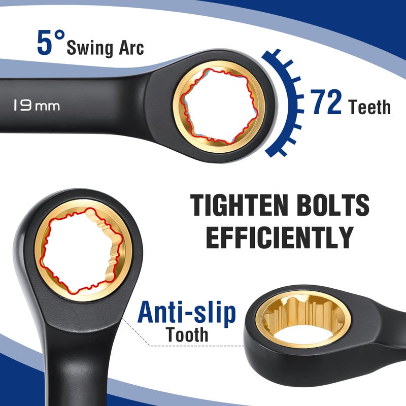 WORKPRO Extra Long Ratcheting Wrench Set, 10-Piece Anti-Slip Double Box Wrenches Set, Metric 8-19 mm, 72-Teeth, Cr-V Steel and Black Electrophoretic Coating Wrenches with Rolling Pouch - Image 5