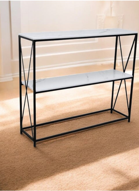 Elegant and modern entrance table, dimensions: length 110 cm, height 100 cm, width 30 cm, ideal for the living room, office, combining elegance and modernity with an easy-to-clean marble-like wooden surface. The materials used enhance its strength to withstand daily use.