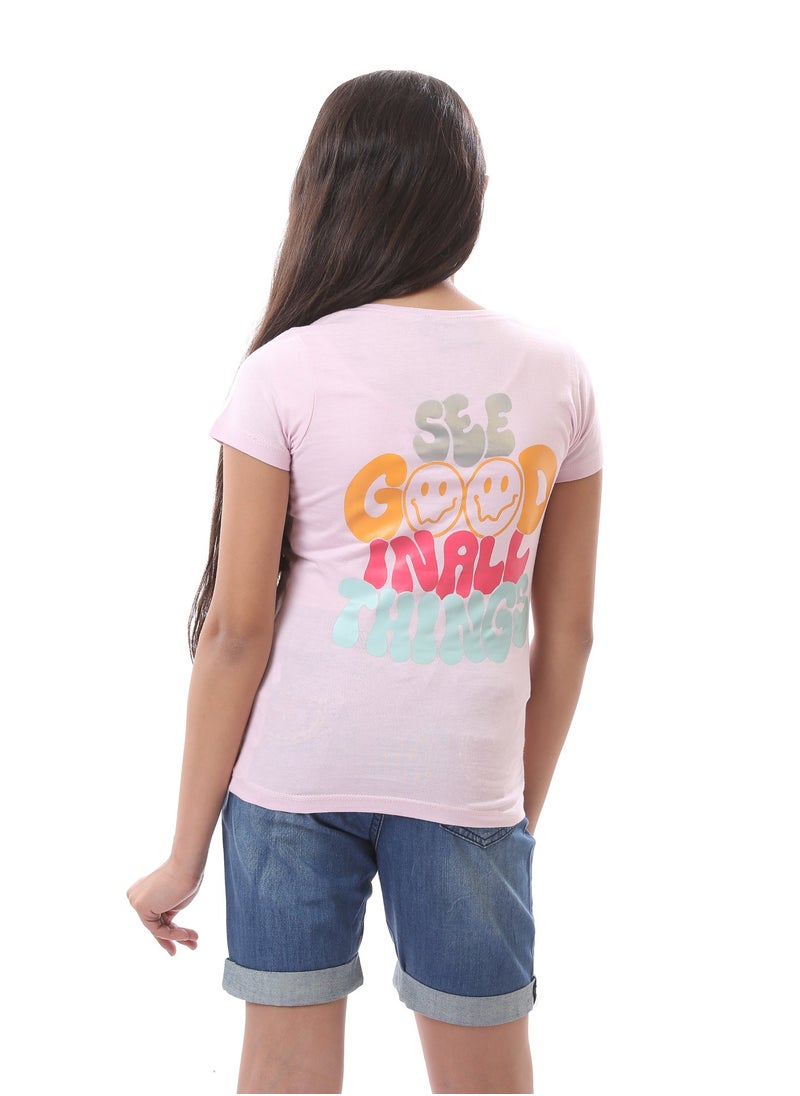 Andora - Girls Colorful Print Short Sleeves T-Shirt - Rose - Image 1