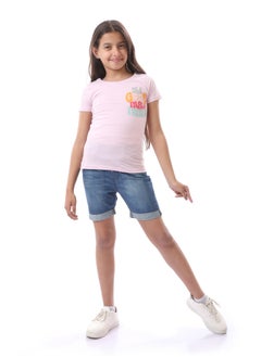 Girls Colorful Print Short Sleeves T-Shirt - Rose
