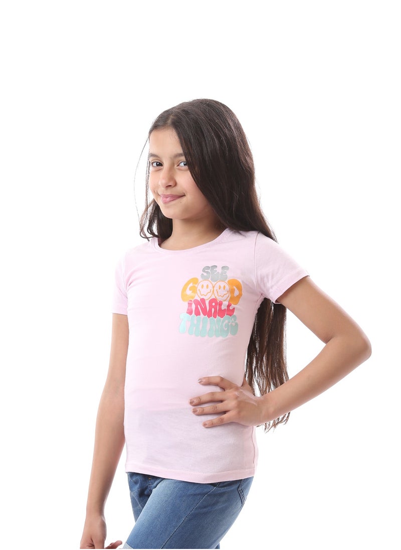Andora - Girls Colorful Print Short Sleeves T-Shirt - Rose - Image 1