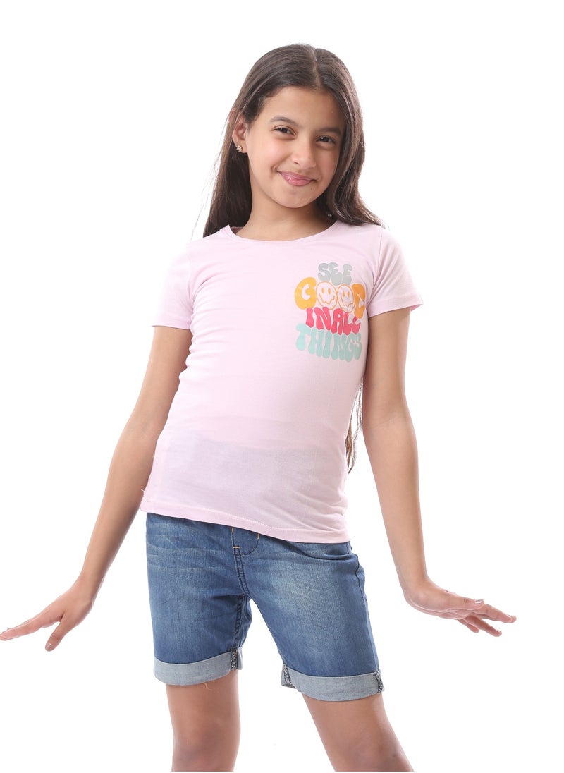 Andora - Girls Colorful Print Short Sleeves T-Shirt - Rose - Image 1