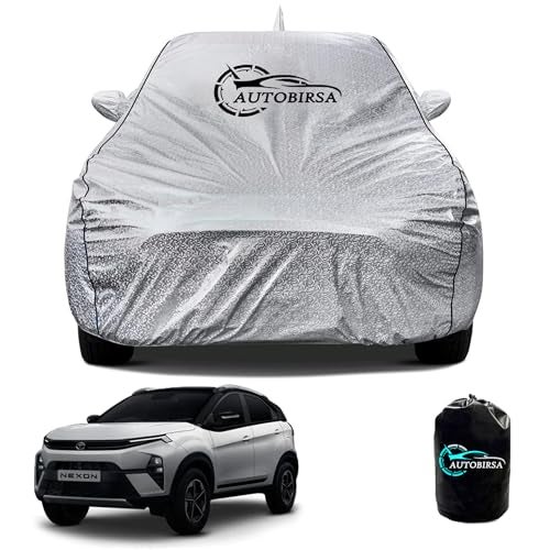 AUTOBIRSA Waterproof Car Body Cover for Tata Nexon 2024 with Mirror Pocket and Soft Cotton Lining (Bottom Elastic Triple Stitched) (Metallic Silver with Black Piping) - Image 1
