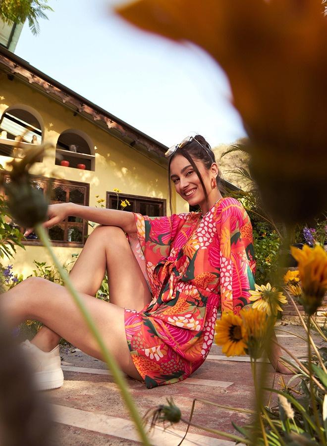 PRASHA Women Orange Floral Front Tie Knot Playsuit - Image 3