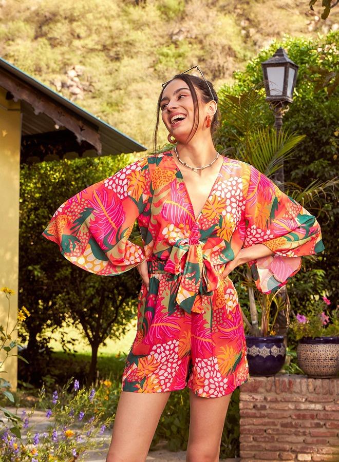 PRASHA Women Orange Floral Front Tie Knot Playsuit - Image 2