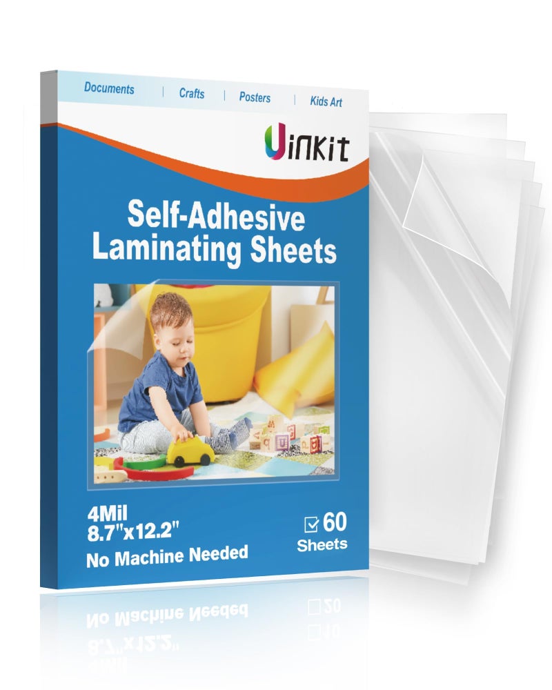Uinkit 4mil Thick Self Laminating Sheets 8.5 x 11", 60Pack (More Value) Single-Sided Peel & Stick for Teachers, Office & Home Crafting - No Heat Machine Needed - Image 1