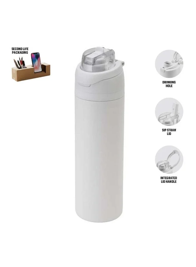 هانز لارسن Hans Larsen Aero Sip Recycled Stainless Steel Water Bottle 750ml Dual Sip Lid with Straw & Drinking Hole, Leakproof Travel Bottle, Sleek Matte Finish, Eco-Friendly Reusable For Sports & Office - White