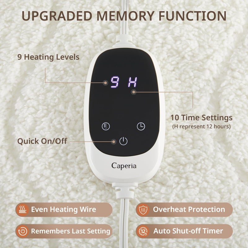 Caperia Heated Mattress Pad Twin, Electric Mattress Pad with 9 Heat Settings, Memory Function, Fast Heating, 1-12 Hours Auto Off, Deep Pocket, Machine Washable, 39"x 75", White - Image 3