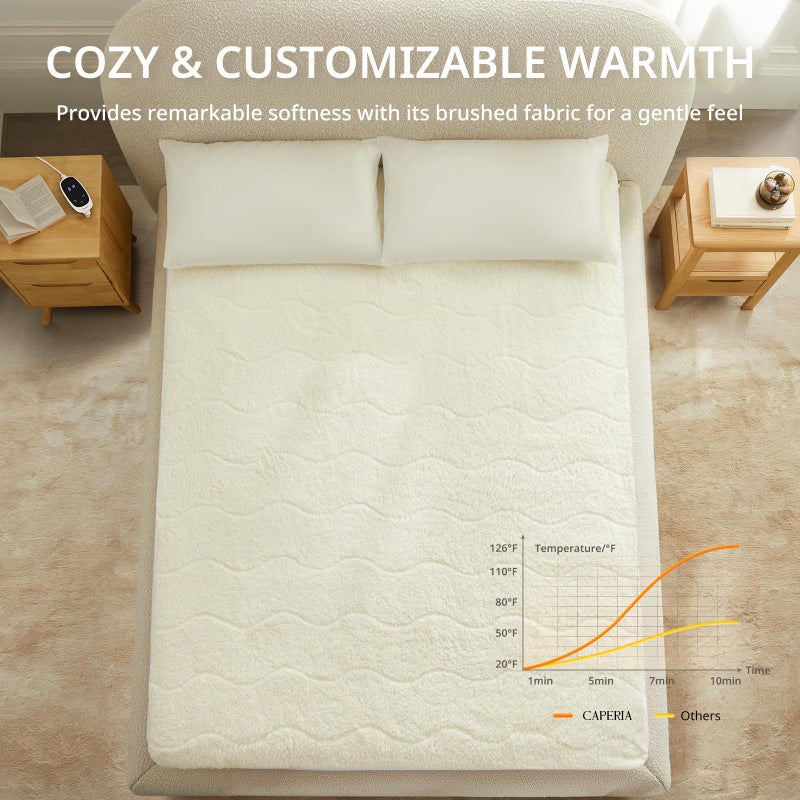 Caperia Heated Mattress Pad Twin, Electric Mattress Pad with 9 Heat Settings, Memory Function, Fast Heating, 1-12 Hours Auto Off, Deep Pocket, Machine Washable, 39"x 75", White - Image 2
