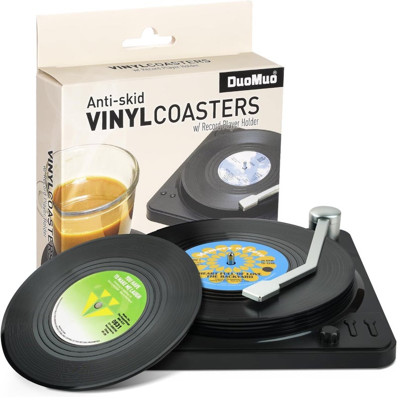 DuoMuo Funny Retro Record Coasters for Drinks with Vinyl Player Holder for Music Lovers,Set of 6 Conversation Piece Sayings Drink Coaster,Housewarming Hostess Wedding Registry Gift Ideas - Image 1