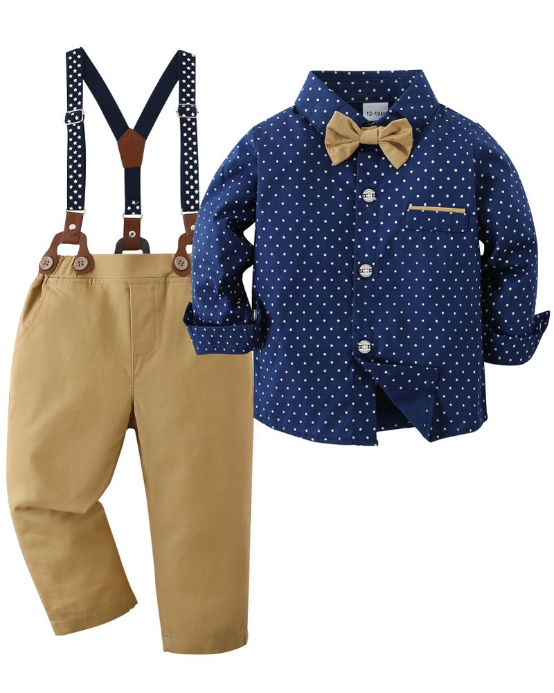 ZOEREA Toddler Baby Boy Suit Clothes Gentleman Wedding Outfits Long Sleeve Dress Shirt Suspender Pants Bowtie Blue 34T - Image 2