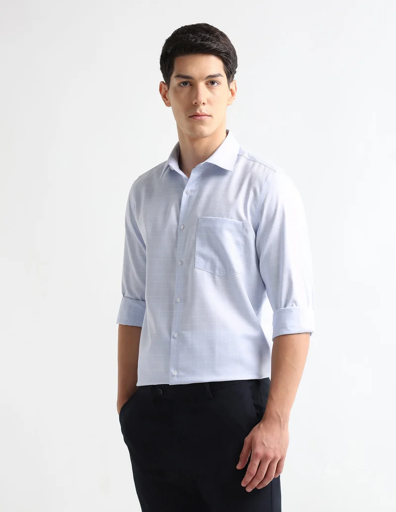Arrow Light Blue Textured Graph Checked Auto Press Shirt for Men | Best Price UAE
