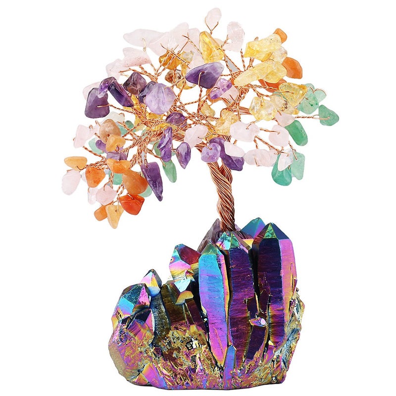 mookaitedecor Colorful Crystal Tree Quartz Cluster Rainbow Titanium Crystals Base Bonsai Money Tree for Wealth and Luck